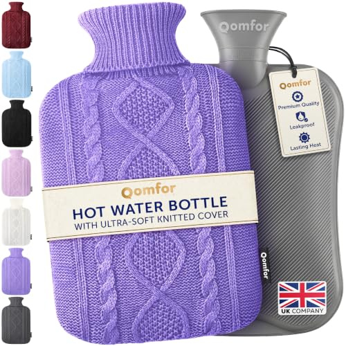 Hot Water Bottle with Soft Knitted Cover, Heat/Cold Pad, Purple, 2L | Qomfor Leakproof Hot Water Bag / Cooling Pad, Removable Thick Cover Prevents Burns, Retains Heat for Long, No Chemical Smell