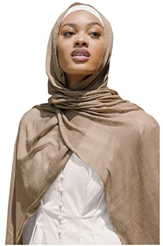 Txameru Bufanda hiyab para mujer, rayón musulmán arrugado con borde de flecos, Camello, Large
