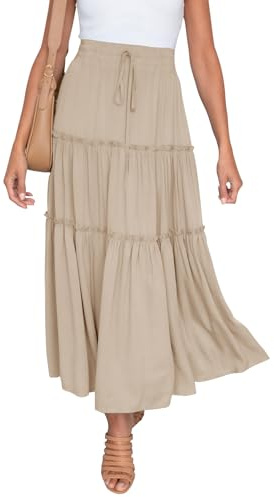 HAEOF Falda Maxi Bohemia Fluida de Verano para Mujer, Cintura Alta Elástica, Línea A, Plisada por Niveles, Moderna, Larga para Playa con Bolsillos, Caqui, M