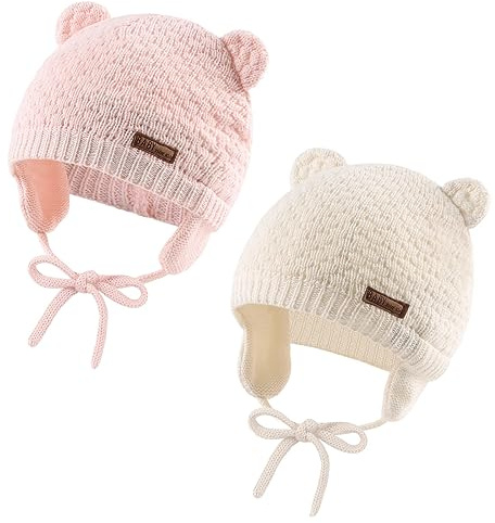 XIAOHAWANG Baby Earflap Beanie Hat Soft Baby Boy Knit Beanies Cute Bear Infant Toddler Girl Hats Autumn Winter (S, 2Pcs-d)