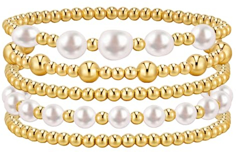 Cupimatch Armband dam pärlor stretch: Barocker pärlarmband i 14K guld stapelbara guldarmband färgglada armsmycken presenter för flickor kvinnor