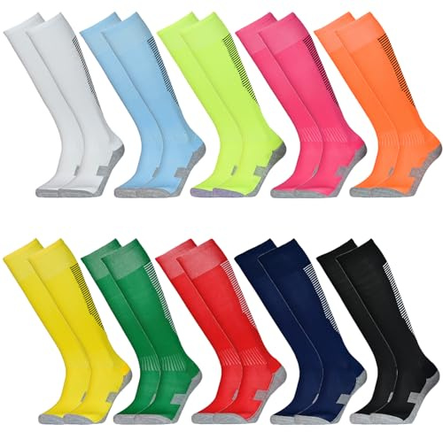 Tergy 10 Pairs Kids Soccer Socks Stretchy Knee High Tube Football Athletic Team Socks for Boys Girls (9-12 Years Old