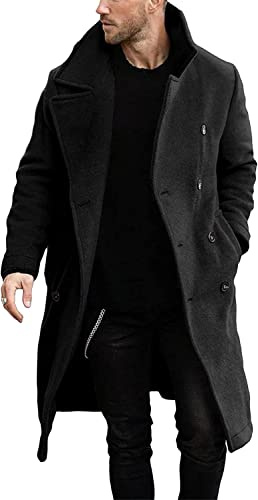 Runcati Men's Coat Regular Fit Trench Coat Long Lapel Double Breasted Wool Business Winter Jacket Peacoat Black M
