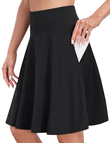 Desol Jupe de tennis pour femme de 50 cm - Longueur genou - Taille haute - Avec 4 poches - Jupe de golf avec short - Avec cordon de serrage réglable - Jupe de sport pour tennis, golf, course, Noir