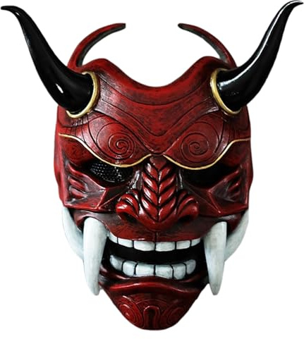 Oni-mask, japansk Hannya-mask i latex, skrämmande samuraj-mask med tänder och oxhorn, 28 x 24 cm skräck djävulsmask med elastiskt band för halloween, maskerad, cosplay-rekvisita, röd, japansk mask