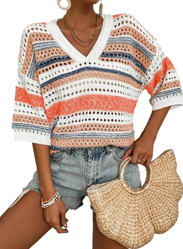 Acelitt Womens Spring Summer Short Sleeve Crochet Sweater 2025 Fashion Trendy Hollow Out V Neck Striped Knitted Tops Beach Vacation Cruise Outfits Resort Wear Orange Medium