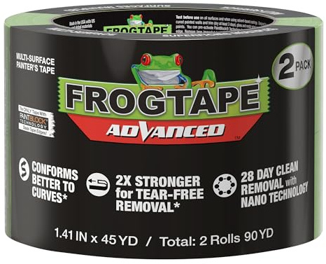 Frog Tape Green Advanced Painters Masking Tape Multi-Surface with PAINTBLOCK, Conforms Around Curves & Contours, Tear-Free Removability 36mm x 41.1m Twin Pack