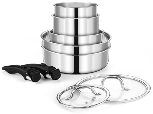 Joyfair Topfset, 9-Teilig Edelstahl Pfannenset mit Abnehmbarer Griff, Stapelbar Induktion Topfsets mit Bratpfanne, Kochtopf, Schmortopf und Deckel, für Alle Herdarten, Backofenfest & Spülmaschinenfest