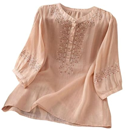 Generico Top Ricamati per Le Donne Camicia Manica 3/4 Girocollo Blusa Shirt Ricamo Vintage Camicetta Bottoni da Donna Larga Vintage Ricamata Top da Donna in Lino Stile retrò Bohémien Tunica (L)
