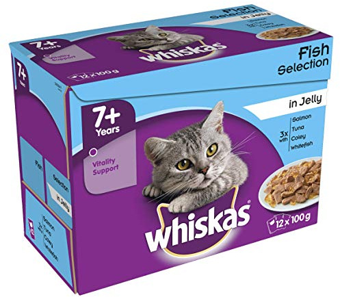 Whiskas 7 Plus Wet Cat Food with Fish Selection in Jelly 100 g (Pack of 12)