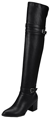 CUTEHEELS Botas altas por encima de la rodilla Botas Tacón bloque Botas de caña larga, Negro , 46 EU