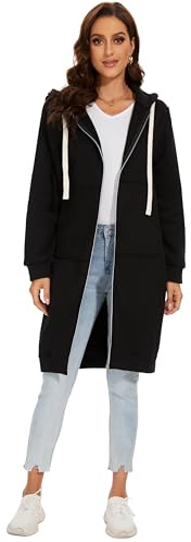YOSICIL Sweat à Capuche Long Zippé pour Femme Automne et Hiver Manteaux d'automne et d'hiver à la Mode Manteaux Chauds Sweats à Capuche Longs Faites Une Promenade Relaxante,Noir,M