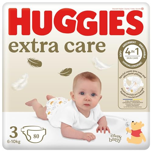 Huggies Extra Care, Pannolini Taglia 3 (6-10Kg), Ultra assorbente, Design Disney, Pacco Scorta, 80 Pz