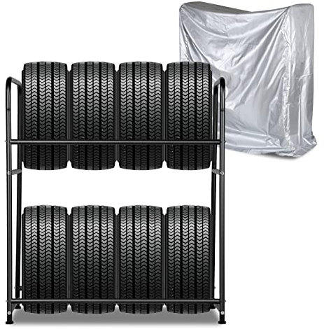 Cecaylie Reifenregal 107 x 46 x 117cm Reifenständer für 8 Reifen Lagerregal Höhenverstellung Lagerregale, Ladekapazität 180kg, mit Reifenschutzhülle, für Garage Keller Werkstatt