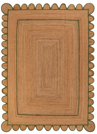 Ripaz Vogue Rug Jute Scallop Design Hand Woven Beige with Green Border Rectangle Runner Area Rug Hand Braided Rug for Living Room Decorative Look Rug (120 x 180 cm)