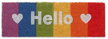 Relaxdays Hello Rainbow Doormat Coir Rubber, 75x25 cm, Door Mat Inside & Outside, Non-Slip, Multicoloured