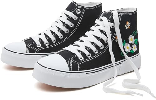 hash bubbie High Top Canvas Sneakers Walking Shoes Black Flower US9