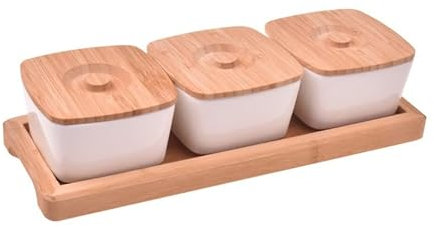 hausleben Porzellan Dipschalen Set mit 3 Schälchen + 3 Bambusdeckel und Tablett aus Bambus, 29x11x8cm