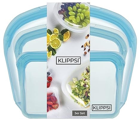 KLIPPSI® 3er Set Wiederverwendbare Silikonbeutel Gefrierbeutel Aufbewahrungsbeutel reißfest, hitze-kältebeständig, auslaufsicher, spülmaschinengeeignet (Blau)