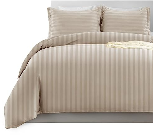 Imperial Rooms King Size Duvet Cover Sets Reversible Stripes Satin Bedding Set with Pillowcases Breathable Microfiber Duvet Covers (Beige 230x220 Cm)