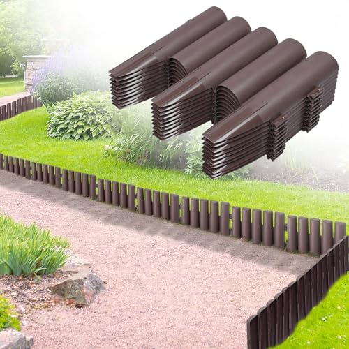 NAIZY Rabattkant plast, trädgårdspalissad, rabattinfattning med träutseende, rabattkant, gräskant, kantsten, brun (L x H): 28 cm x 24 cm – 50 stycken 14 m