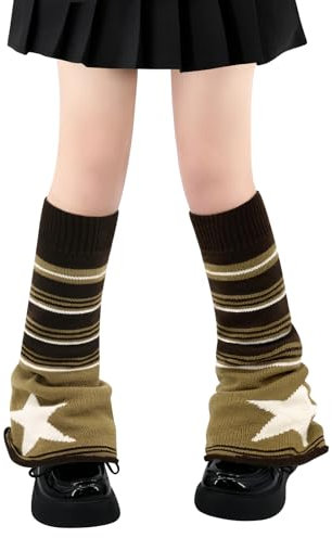 Benvärmare för kvinnor flickor japansk stil Lolita benvärmare långa kawaii-stickade strumpor gotisk Harajuku benskyddsstrumpor, Utsvängda bruna ränder stjärna, one size