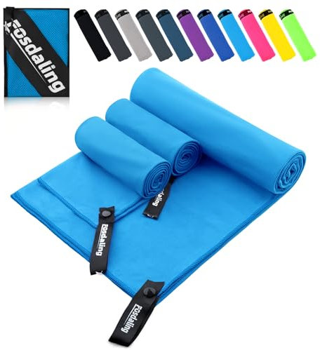Fosdaling Mikrofaser Handtuch 3er Set（Groß 160×80cm und 2 Klein 80×40cm）, Schnelltrocknend Microfaser Fitness & Sport Handtücher, für Strandtuch, Badetuch, Sporthandtuch und Reisehandtuch (Himmelblau)