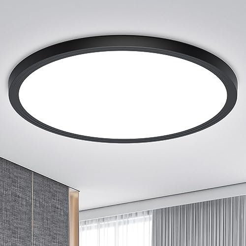 Deckenlampe LED Deckenleuchte Flach Rund - 18W 6500K 1600LM IP44 Modern, Kaltweiß Ultra Dünn Led Deckenlampe Schwarz Lampe Decke für Wohnzimmer Kinderzimmer Schlafzimmer Keller Flur Küchen Bad Ø23CM