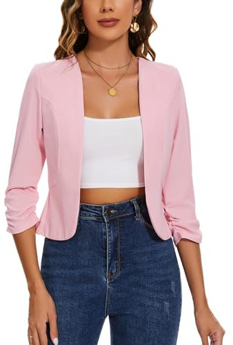 LADI TREND Blazer court sans col pour femme Vestes ouvertes sur le devant Manches 3/4 froncées Cardigan demi-lin, F-rose., S