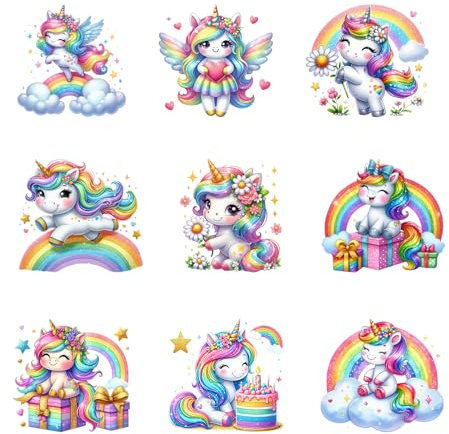 9pcs Unicorn Rainbow Birthday Iron On Decals Thermal Transfer Stickers for Clothing Appliqued Sublimation Patches Iron On Transfer Designs Heat Press Vinyl for Shirts Pillow Covers
