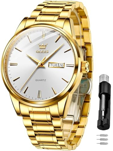 OLEVS Herrenuhren Goldene Weiß Edelstahlarmband Quarz Uhr Männer mit Wochentag Datum Wasserdicht Leuchtende Klassische Elegantes Armbanduhr Geschenk