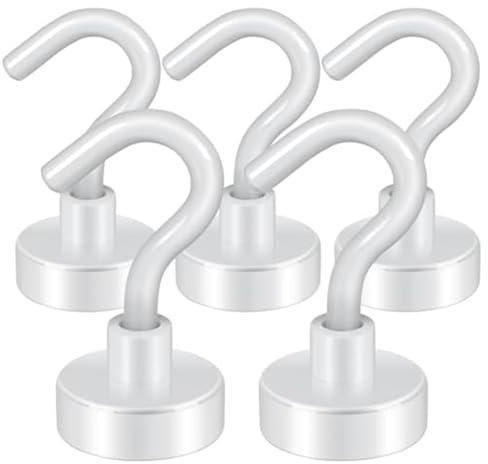 Comphic Crochets Magnétiques, Aimants de Terre Robustes de 27 Lb avec Crochet pour Réfrigérateur, Crochet de Croisière pour Suspendre, (Blanc, Paquet de 5)