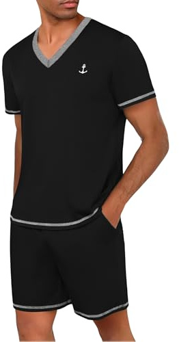 Marvmys Pyjama Court Homme Coton Été Vêtements de Nuit Deux Pièces T-Shirt à Manches Courtes Et Col en V Et Short S-3XL