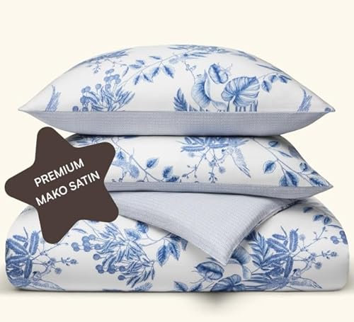 Amqua Mako Satin Bettwäsche 155 x 220 cm Baumwolle Blumen| 100% langstaplige Baumwolle | florales Set inkl. 80x80 Kissenbezug| Hotelbettwäsche 155x220|Arisa