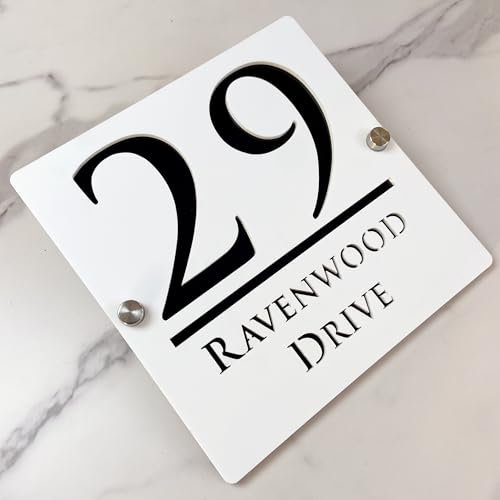 Letrero de número de casa de suspendido hueca 3D acrílico personalizado con nombre de calle fuente moderna | Señal de dirección de tienda placa puerta (blanco&negro)