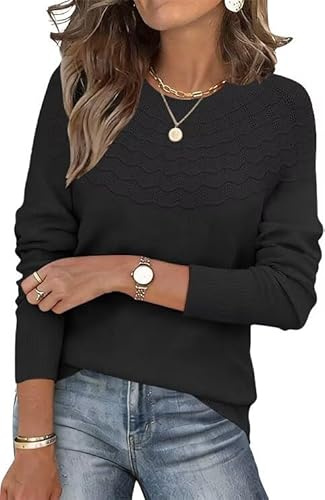 ANFTFH Women's Lightweight Crewneck Tops 2026 Fall Fashion Fine Knit Sweaters Black L