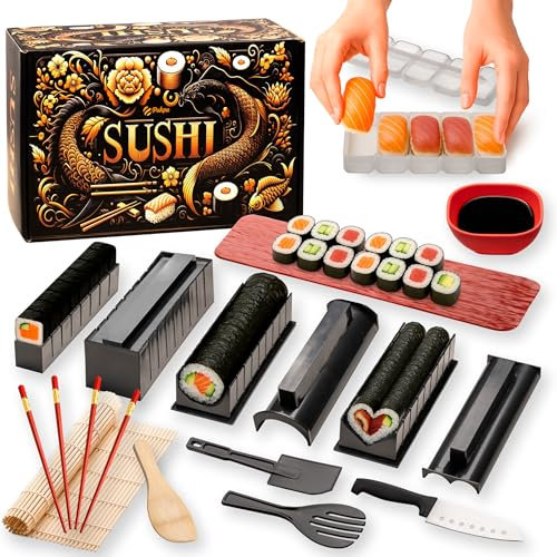 Pukpu Kit Sushi Complet 20 Pièces – Tapis Bambou, Outils Sushi, Assiette, Baguettes, Bols, Boîte Cadeau – Avec Guide Papier et Vidéos – Appareil à Sushi Maison pour Débutants