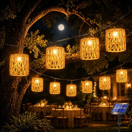 Shengruili Guirnaldas Luces Exterior Solar 10 LED,Cadena de luces solares para exteriores,Cadena de luces LED solares de ratán,Cordel De Luz para Decorar Jardines,Patios,Terrazas,Fiestas