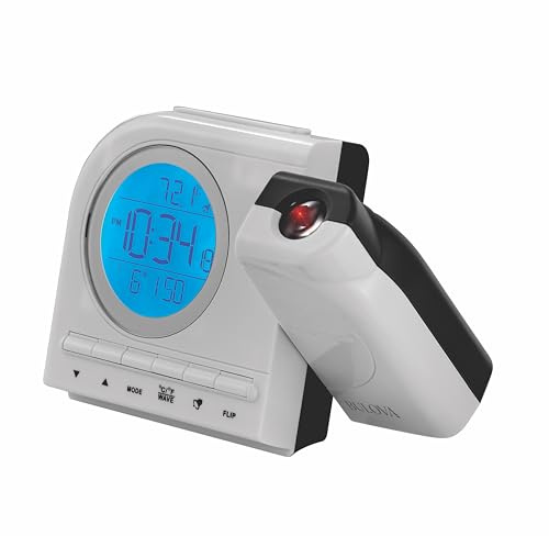 Bulova Clocks B1378 Galaxy Projection Alarm Clock – LCD Display with Time, Day, Month, Temperature, Dual Alarms, Snooze, Blue Backlight, Continuous Ceiling/Wall Projection