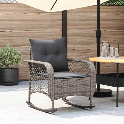Mecedora de Jardín con Cojín, Silla Mecedora Exterior de Ratán Sintético y Acero, Resistente a la Intemperie, Sillón Balancín para Relajación, para Terraza y Jardín, Color Gris, 67 x 75 x 75 cm