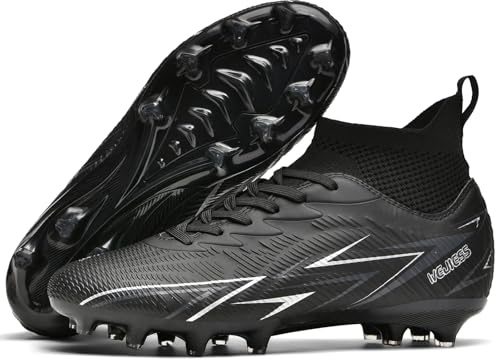 Kmrlofiy Fotbollsskor herr High Top Spike Cleats professionella fotbollsskor pojkar barn utomhus atletiska skosnören sportskor träningsskor, svart, 44 EU
