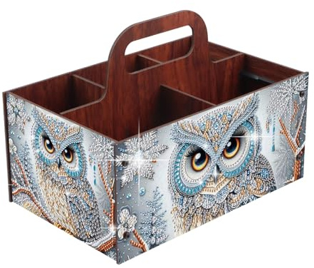 DIY Diamond Art Painting 5-Grid Snack Display Box with Handle Wooden Home Rectangular Assembly Portable Multi-Grid Accessory Storage Box-Owl-1
