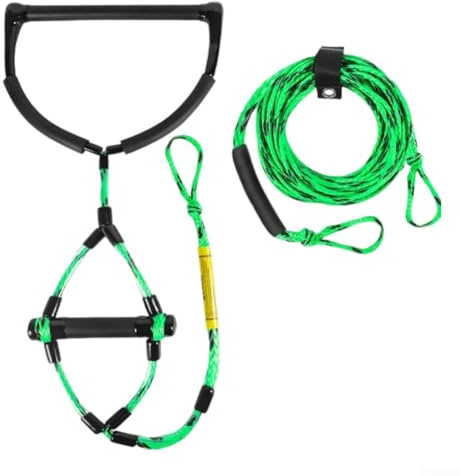 Yhenlovtt Cuerda de esquí acuático de 75 pies con mango reforzado de 15 pulgadas más mango pequeño de 6.3 pulgadas para tubos, wakeboard y deportes acuáticos, 4 secciones con Sto (verde)