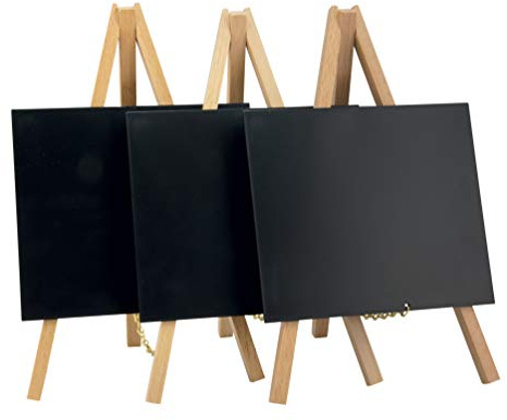 SECURIT - Lot de 3 Tableaux de Table + Chevalets + Marqueur à Craie - Ardoises Porte-Menu - Base en Bois Laqué - Pour Café, Bar, Restaurant, Boutique - 24,4 x 15 x 13,5 cm - Coloris Naturel/Noir
