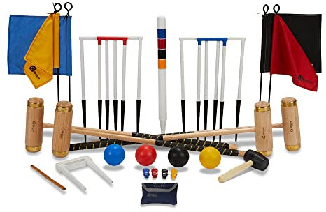 Uber Games Executive Krocket Set - mit hölzernem Kopf und Kupferverstärkung - 16mm Stahltore 51cm - 473 gram Kunststoff Balle - Luxus Trage Tasche - 100% Profi - Alles Perfekt und Komplett