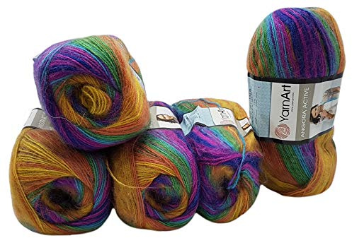 5 x 100 g YarnArt Angora Active Strickwolle mehrfarbig mit Farbverlauf, 500 Gramm Strickgarn mit 25% Mohair Wolle-Anteil (lila blau terrakotta u.a. 850)