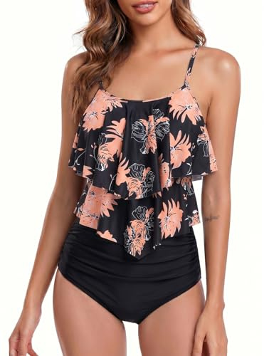 FLYILY Tankini baddräkt för kvinnor topp dubbel veckad hög midja badkläder 2 delar baddräkt bikiniset(1-BlackFlower,XL)