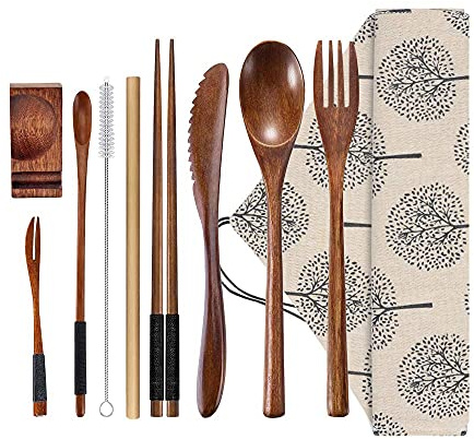 Set di posate da viaggio riutilizzabili in legno, 9 pezzi, con coltello, forchetta, cucchiaio, cannucce, spazzola per la pulizia