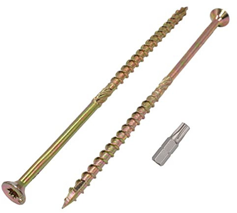 Paquete de 6 unidades. Tornillos para madera de acero galvanizado amarillo de 6 x 200 mm, cabeza Torx, tipo 17, cabeza avellanada, tornillos para aglomerado (6, 6 x 200 mm)