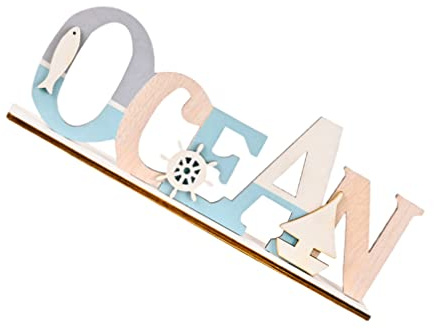 Wooden Ocean Table Sign Decorations: Nautical Shelves Stand Signs Beach Theme Word Letter Plaque Coastal Frame Ornaments for Bathroom Home